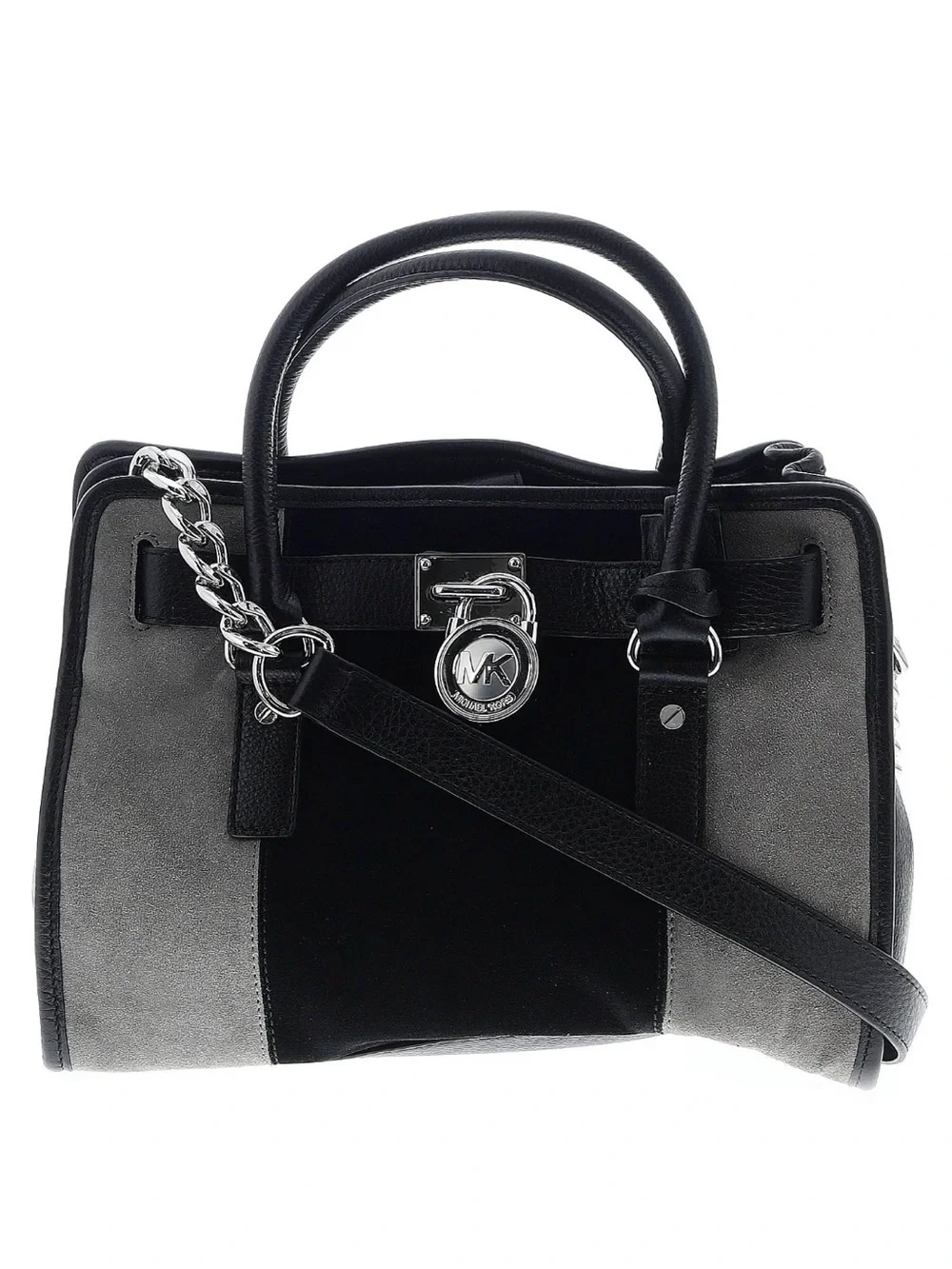 MICHAEL Michael Kors Black and Gray Leather & Suede Satchel with Chain Strap